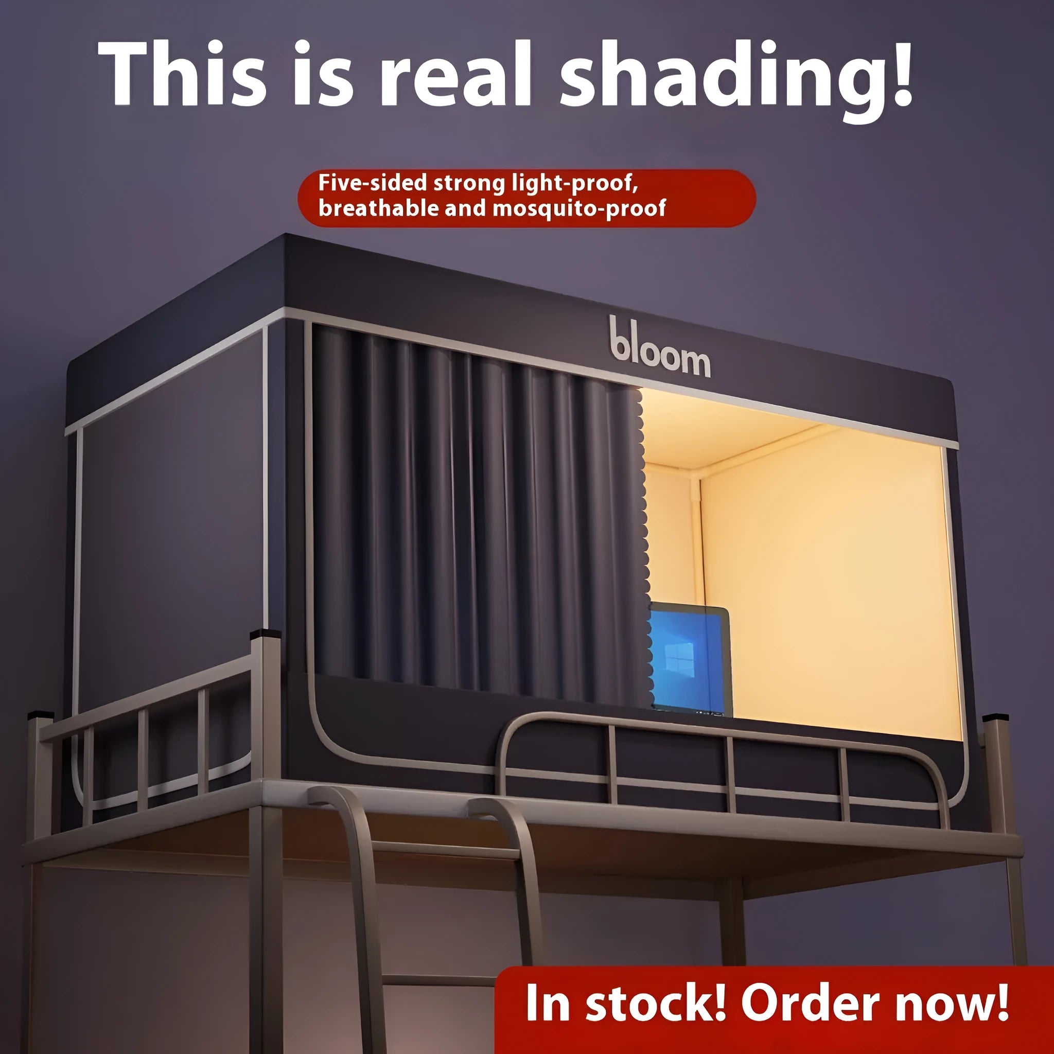 Gentleman grey bed curtains with integrated mosquito net for 0.9m beds showing five-side shading design