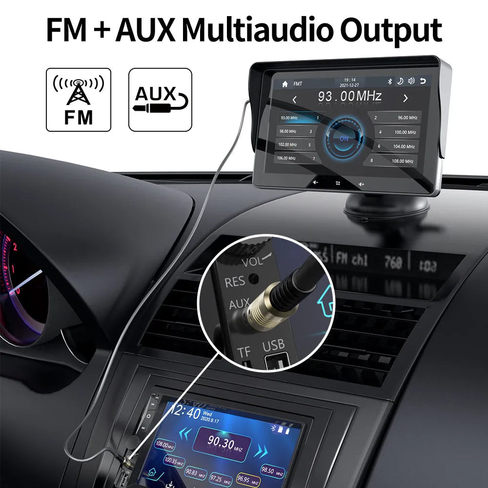 7-inch wireless CarPlay display with universal suction cup mount and cigarette lighter power adapter