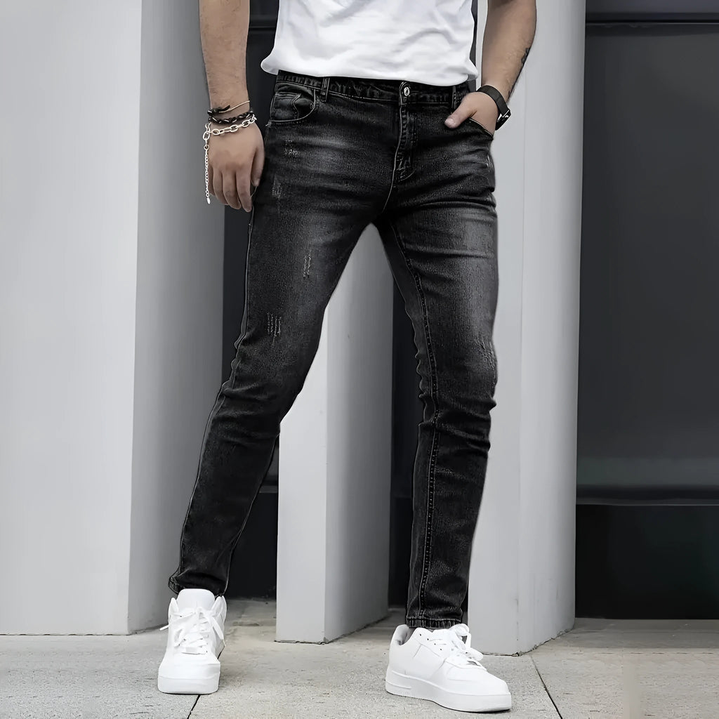 Stretch men's casual solid colour jeans in black – high elasticity cotton-spandex straight leg with zip fly and mid waist