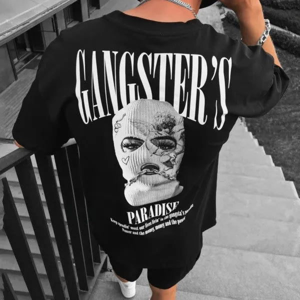 Men's black loose-fit letter print short-sleeve T-shirt imitation cotton fabric