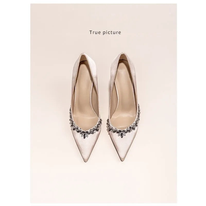 Women's satin stiletto heels with rhinestones, pointed toe, shallow mouth, available in multiple colours