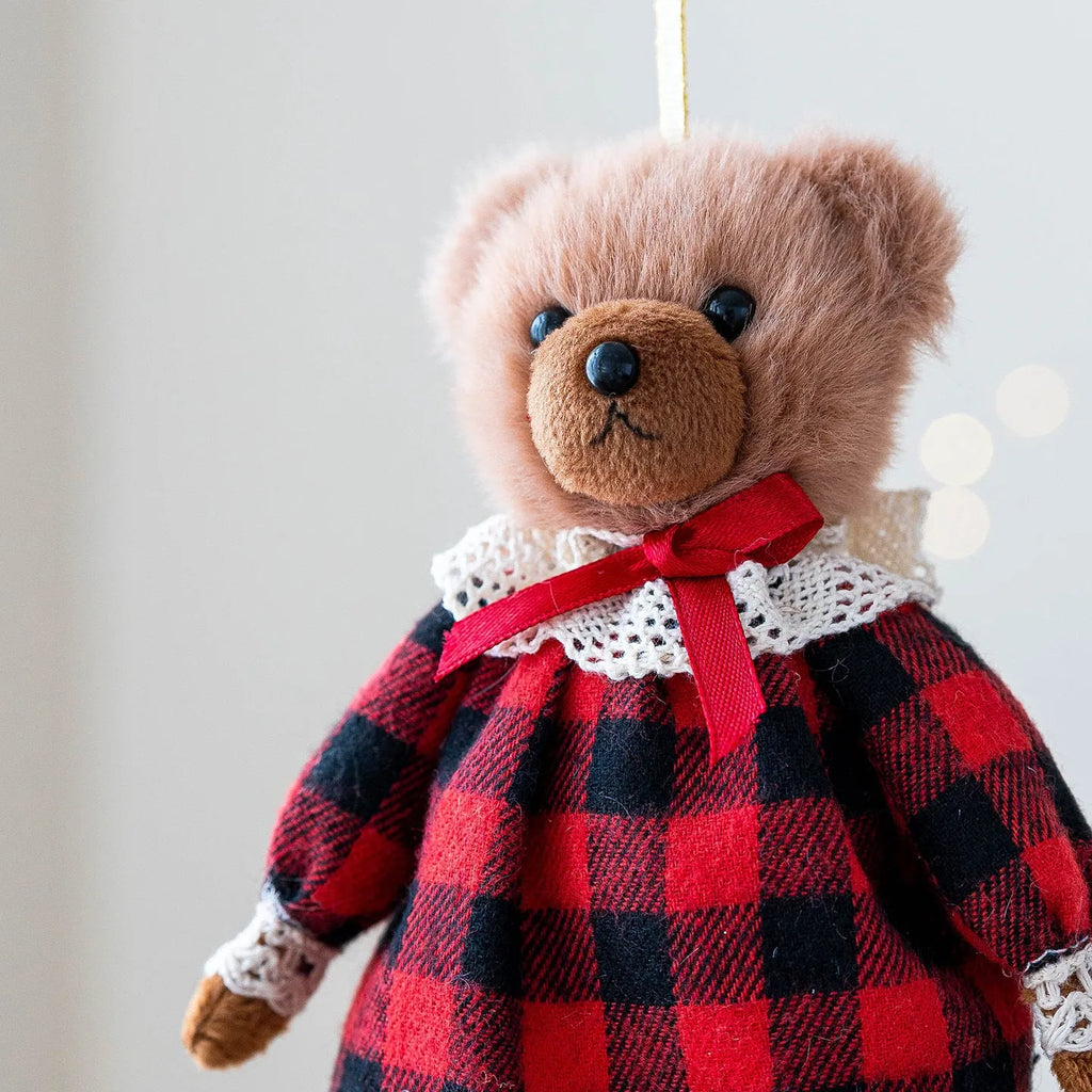 Plush bear doll couple in gentleman and princess bear colours with plaid suit pattern and cloth material