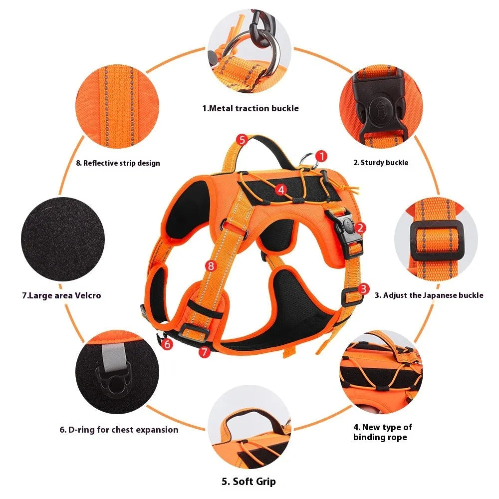 Reflective dog vest harness with explosion-proof breast strap and integrated hand-holding rope in multiple colour options