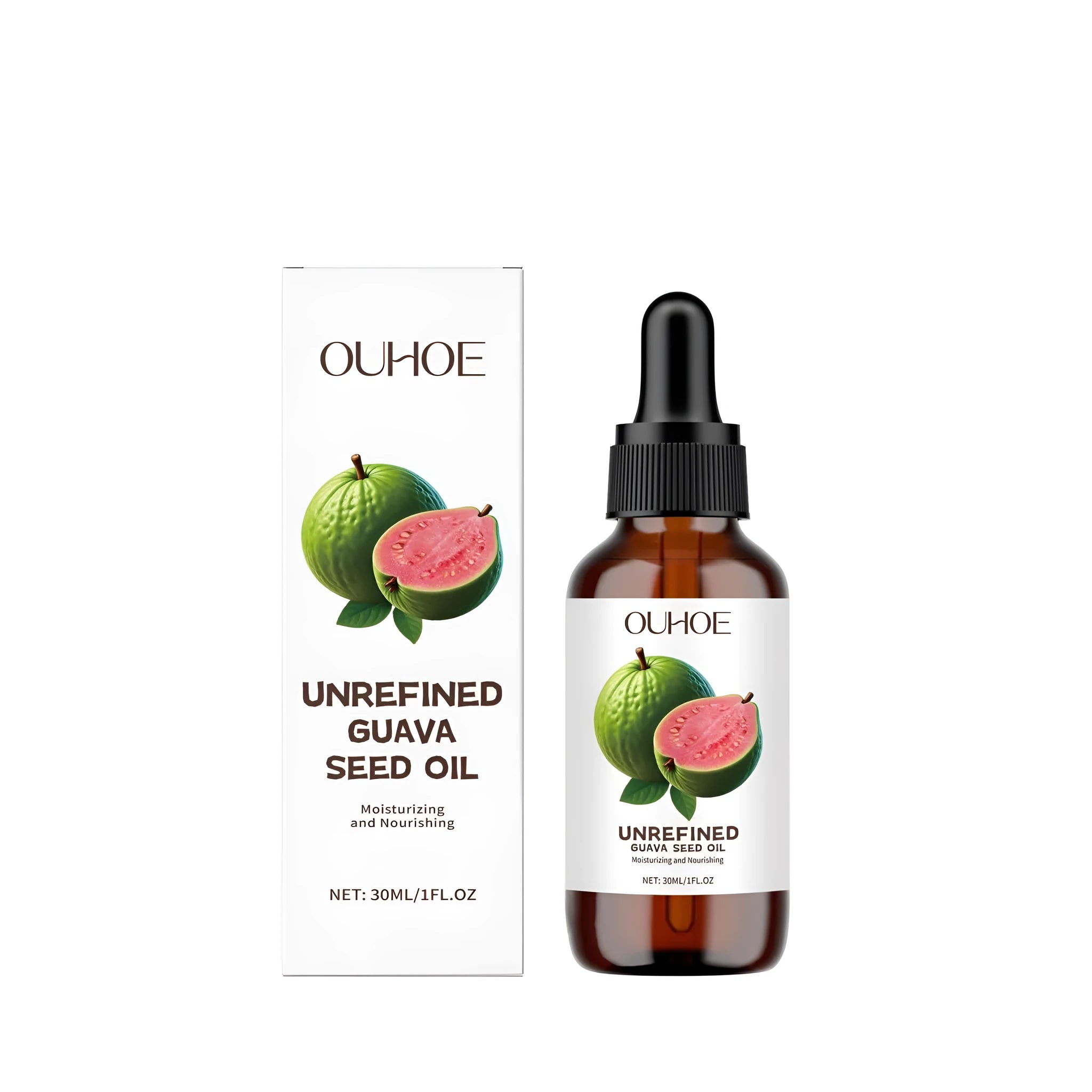 30ml glass bottle of golden guava seed oil with dropper for facial and hair treatment.