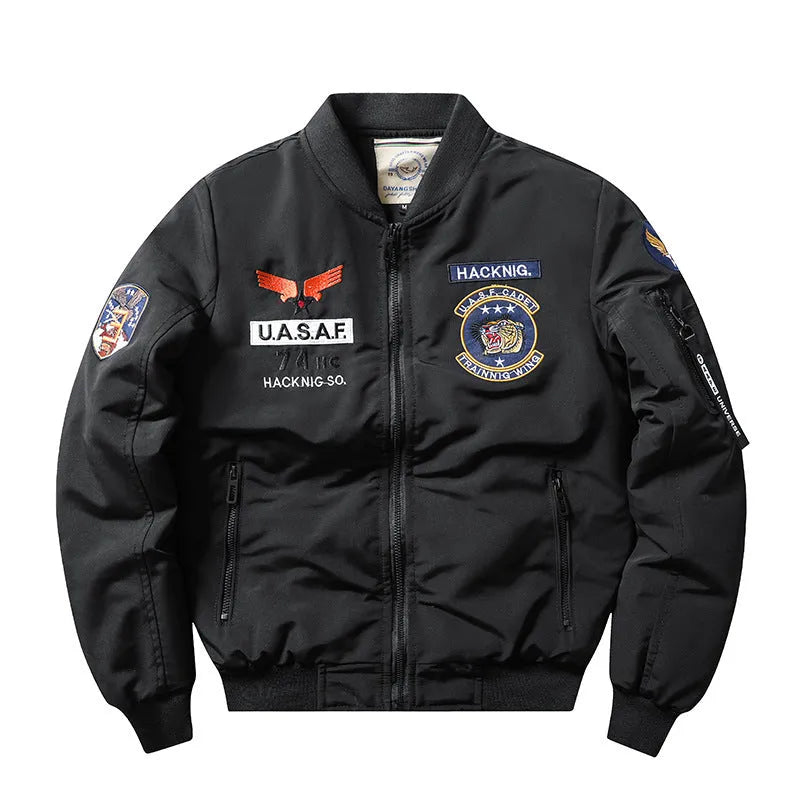 Men's slim-fit retro motorcycle coat with Harley embroidery on chest, stand collar, and patch pockets.