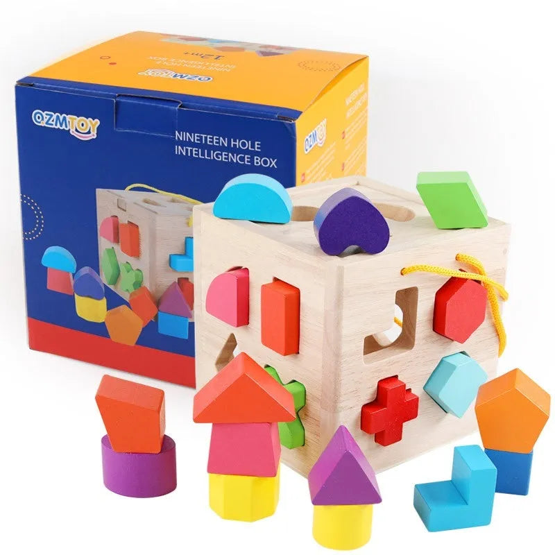 Wooden geometric shape matching building blocks with 19-hole intelligence box for infant education