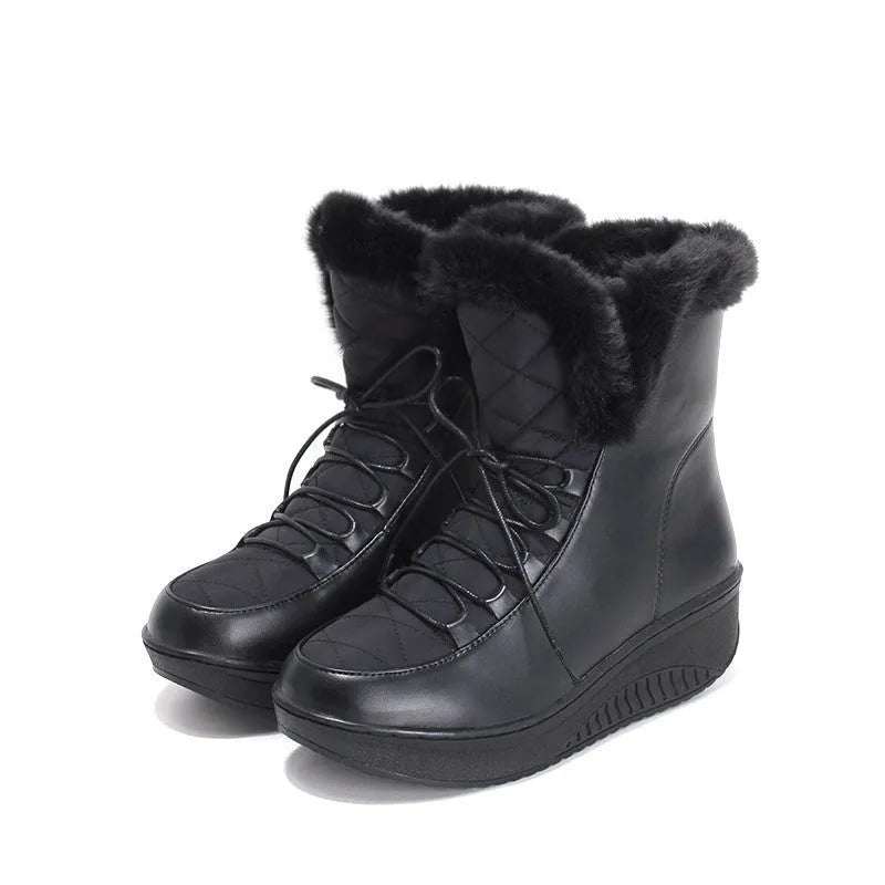Women's winter boots with 3cm platform heel in black water-resistant PU leather with lace-up closure
