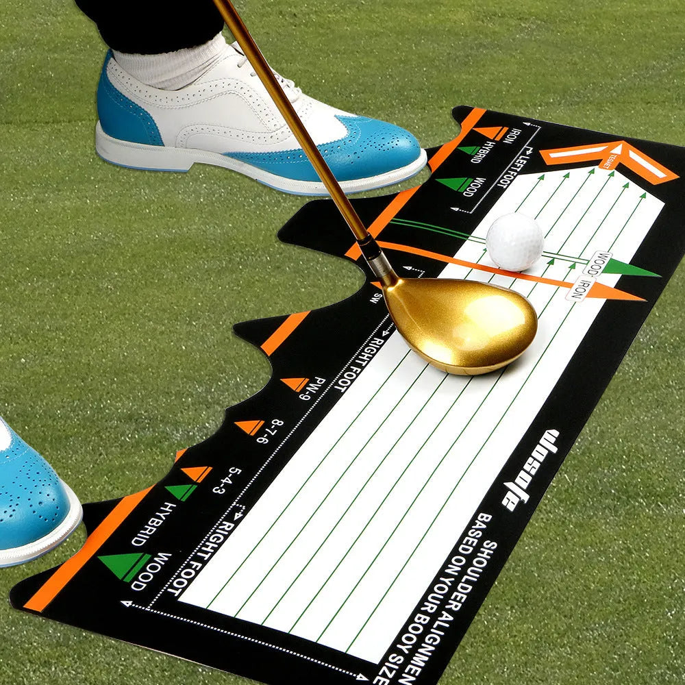 Black neoprene golf swing positioning pad for stance and alignment training.