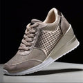 Women's lace-up sneakers with wedge heel and waterproof platform in black, gold, leopard print, and silver