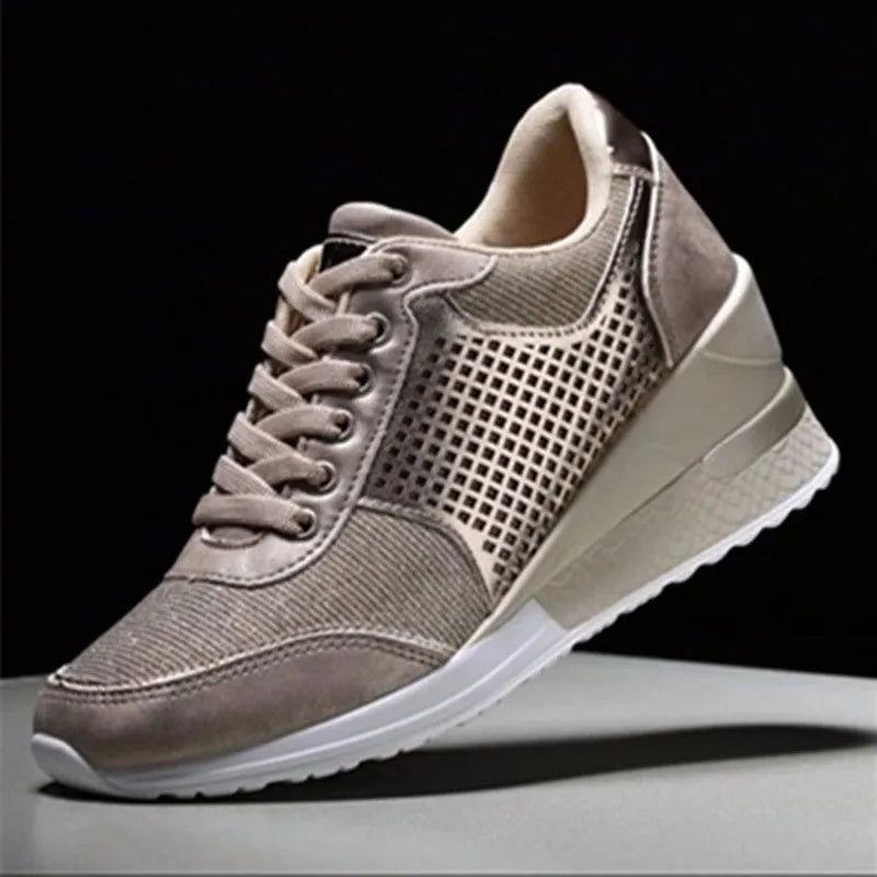 Women's lace-up sneakers with wedge heel and waterproof platform in black, gold, leopard print, and silver