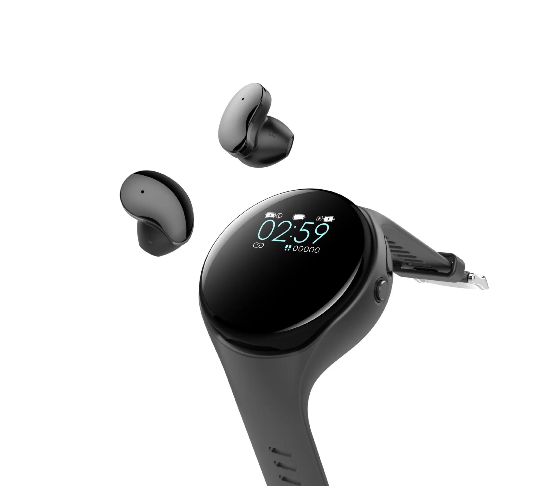 Black smart bracelet with detachable TWS Bluetooth earphones showing colour screen displaying heart rate and step count
