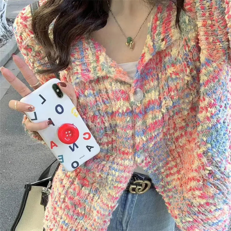 Green retro rainbow knitted cardigan with toothbrush hair fabric and slim fit