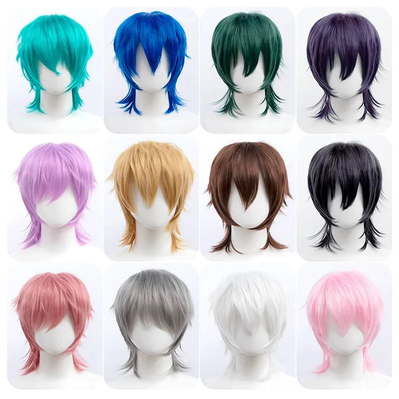 Short anime style cosplay wig with lengthened hair tail on a stand, shown in a solid colour.