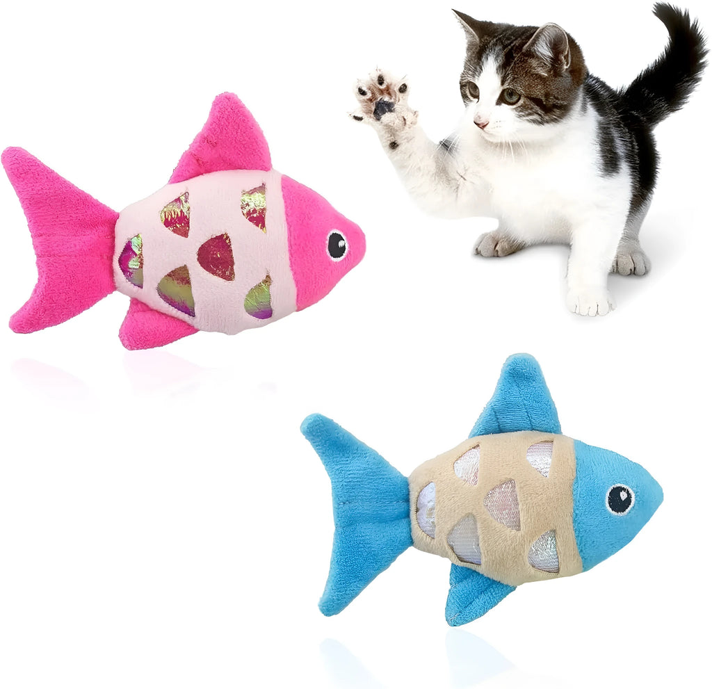 Two soft plush catnip fish toys for cats with crinkle sound, available in blue, orange, and pink.