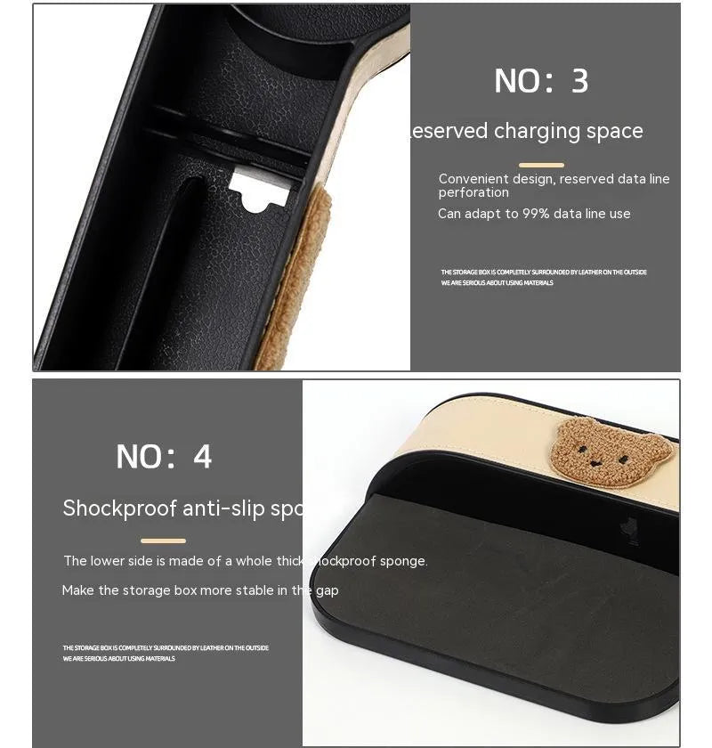 Cartoon bear design car seat gap storage box in leather for organising phones and sunglasses