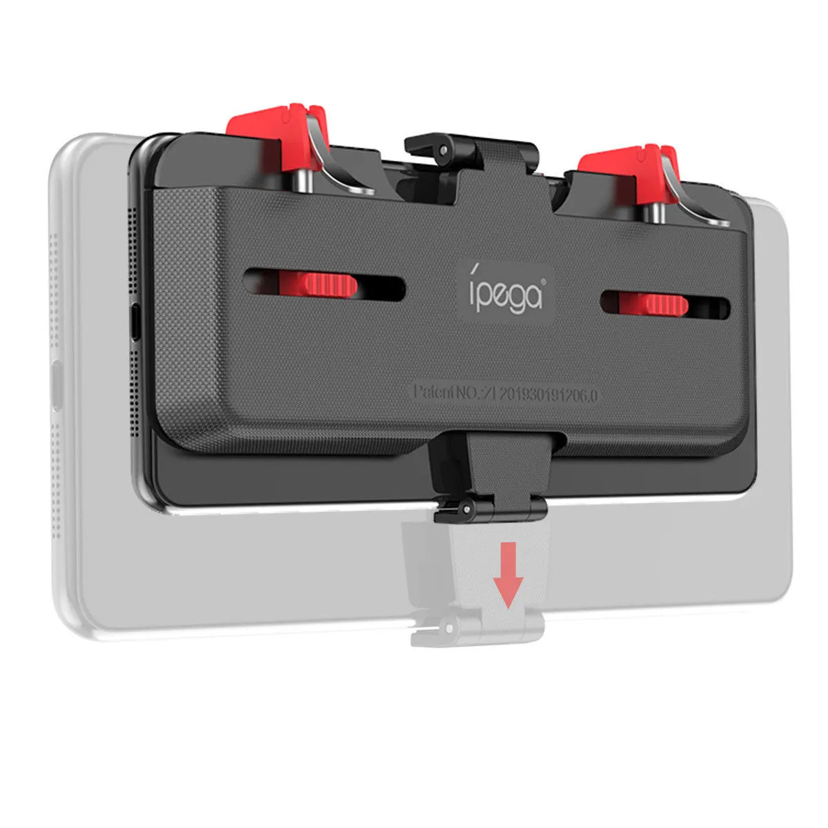 Black PUBG mobile gaming bracket with an extended trigger grip and telescopic phone fixing clip.