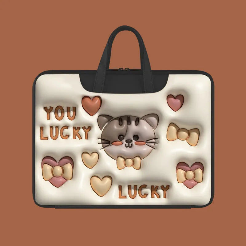 Inflatable PU leather laptop bag in Cat Beige colour with luggage strap, designed for 13 to 15.6 inch devices.