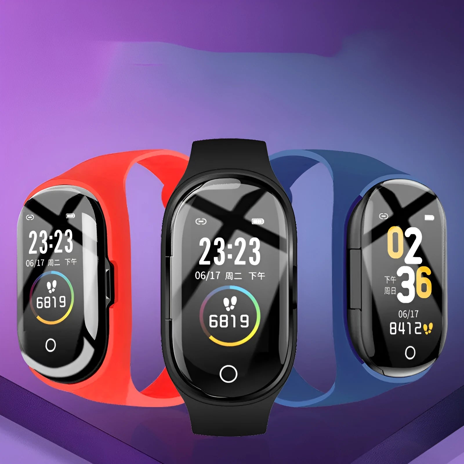 Smart bracelet earphone combo with 1 inch screen and silicone band in black blue and red colors
