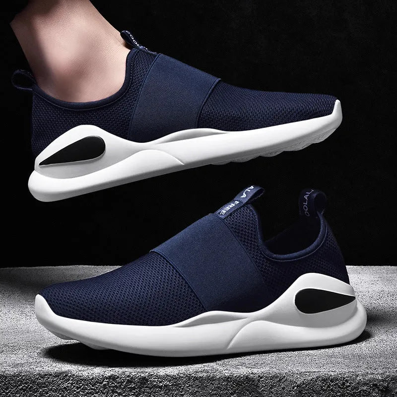 Men's sports casual shoes with breathable mesh upper, rubber sole, round toe, available in red, blue, black