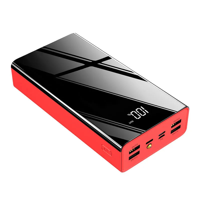 Large 40000 mAh capacity power bank with LCD screen in black or red colour.