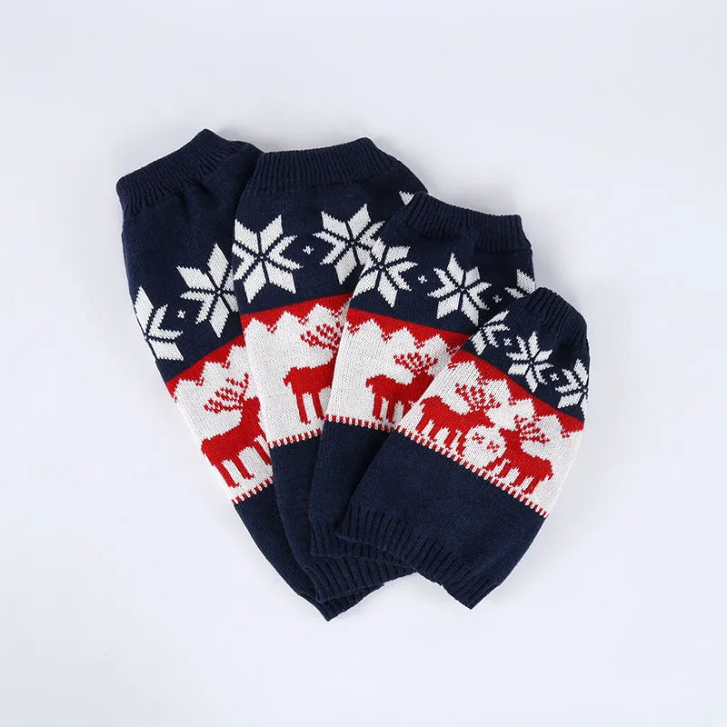 Navy blue knitted Christmas sweater for dogs on model showing European American style