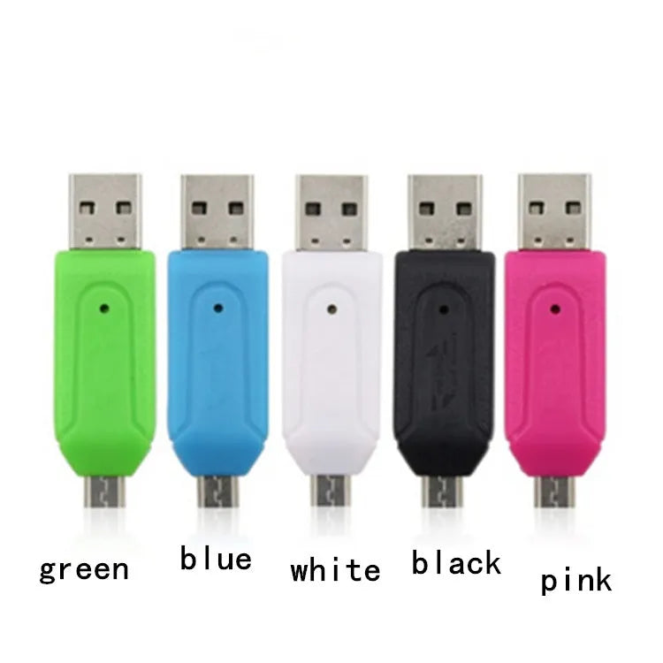 OTG card reader with micro USB connector in five colour options: white, pink, green, blue, and black