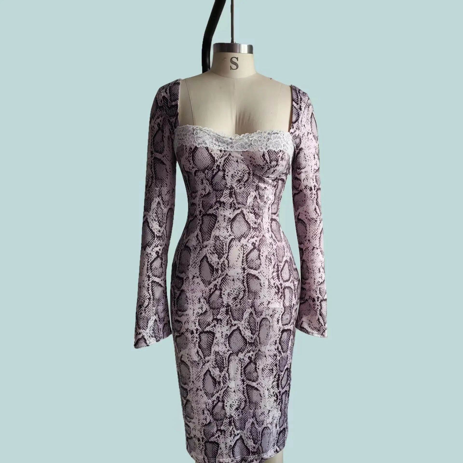 Grey women's A-line dress with 3D digital print pattern and lace detailing, long sleeves, slim fit.