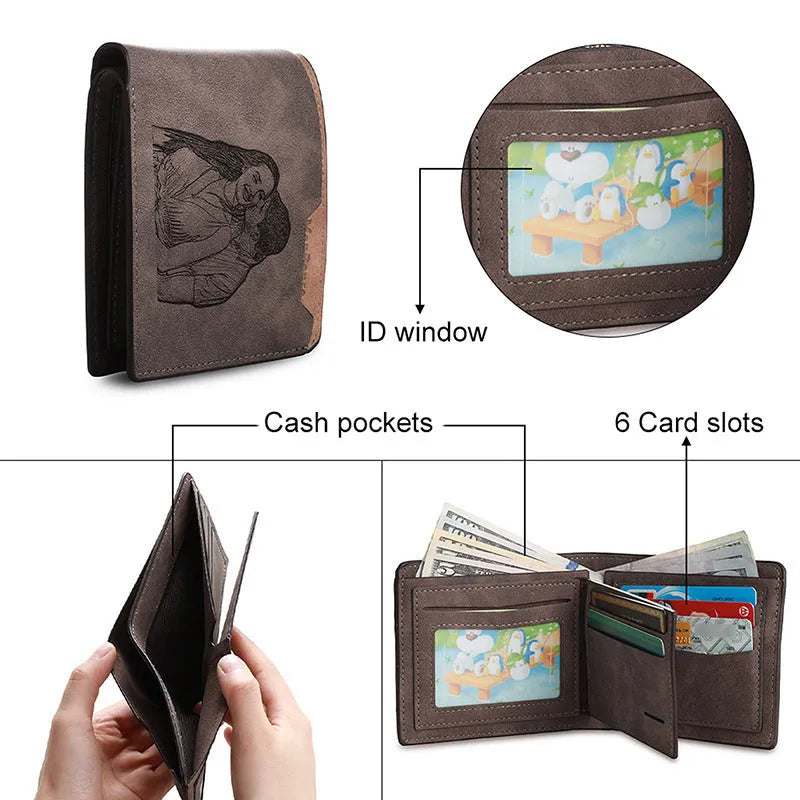 Coffee brown engraved horizontal short PU leather wallet showing front view with personalisation space.