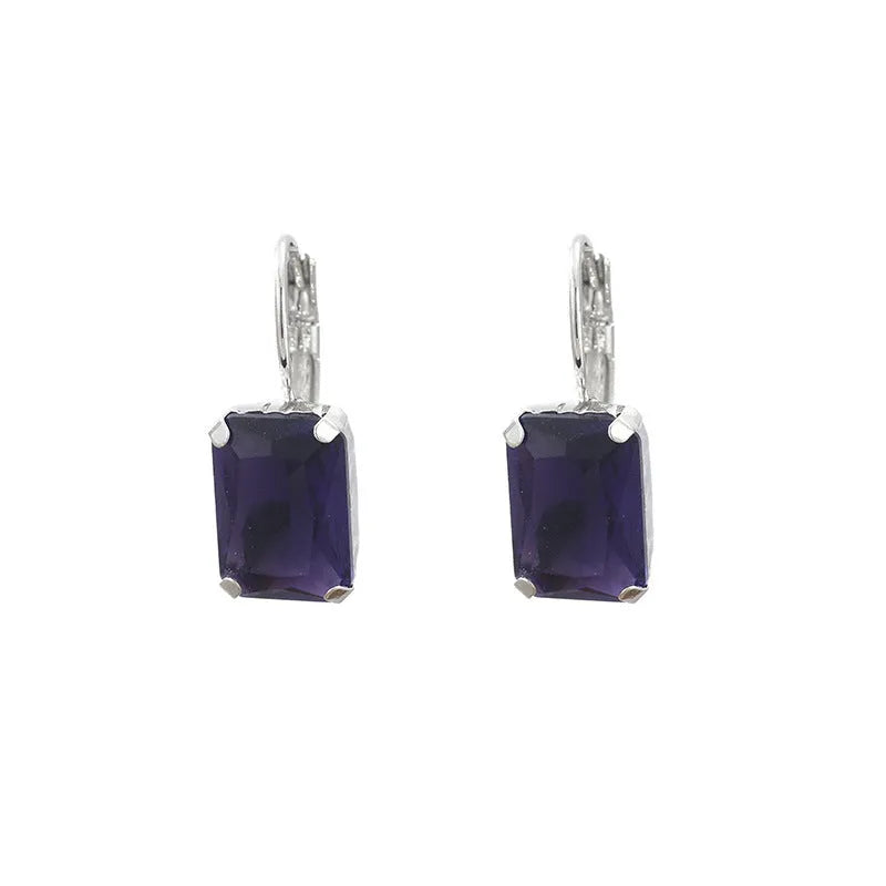 Women's square crystal stud earrings in copper setting, 25x10mm size, available in purple red yellow