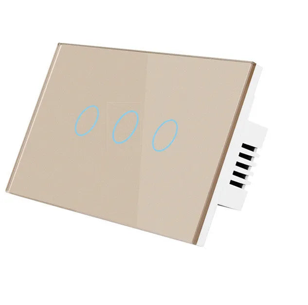 2-gang touch light switch with tempered glass panel and RF remote control in black, white, or gold