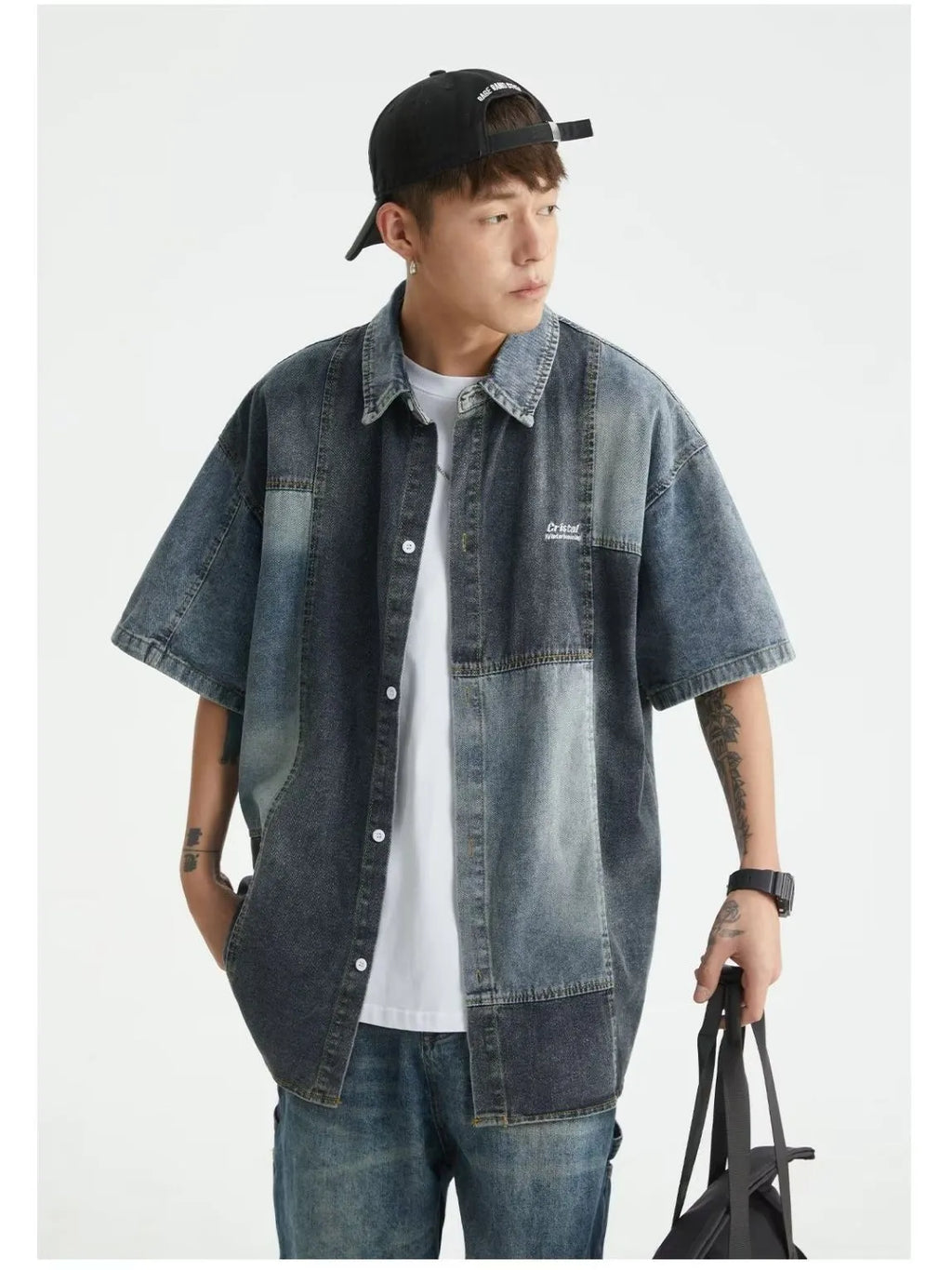 Blue Japanese-inspired men's denim shirt with washed stitching and loose cardigan fit