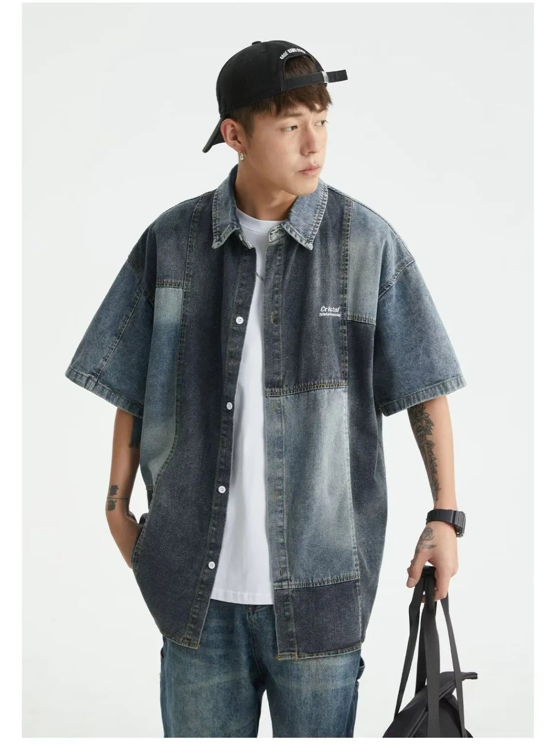 Blue Japanese-inspired men's denim shirt with washed stitching and loose cardigan fit