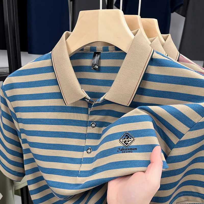 Men's striped short sleeve casual shirt with mosaic pattern in polyester fabric