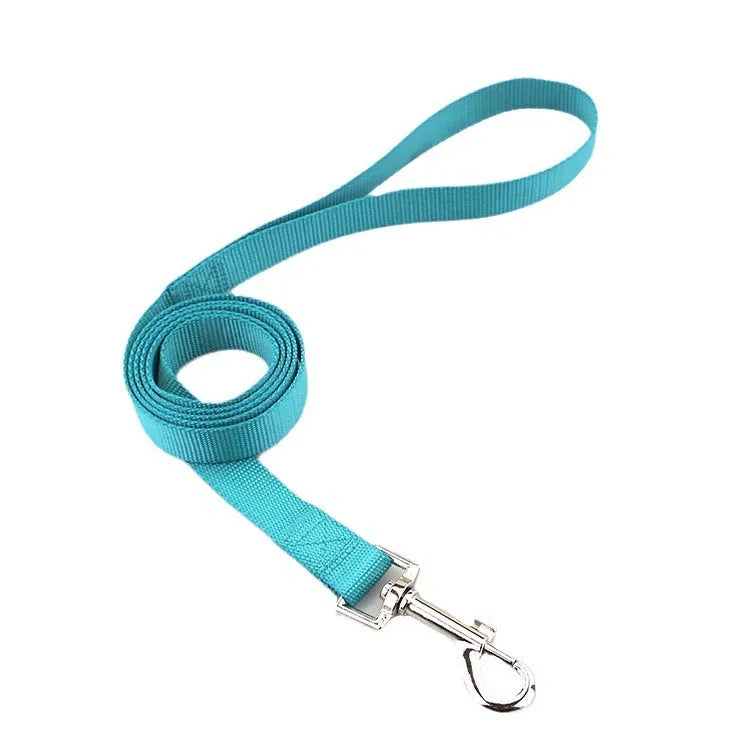 Solid colour polyester dog rope lead with integrated handle in blue, shown with size options.