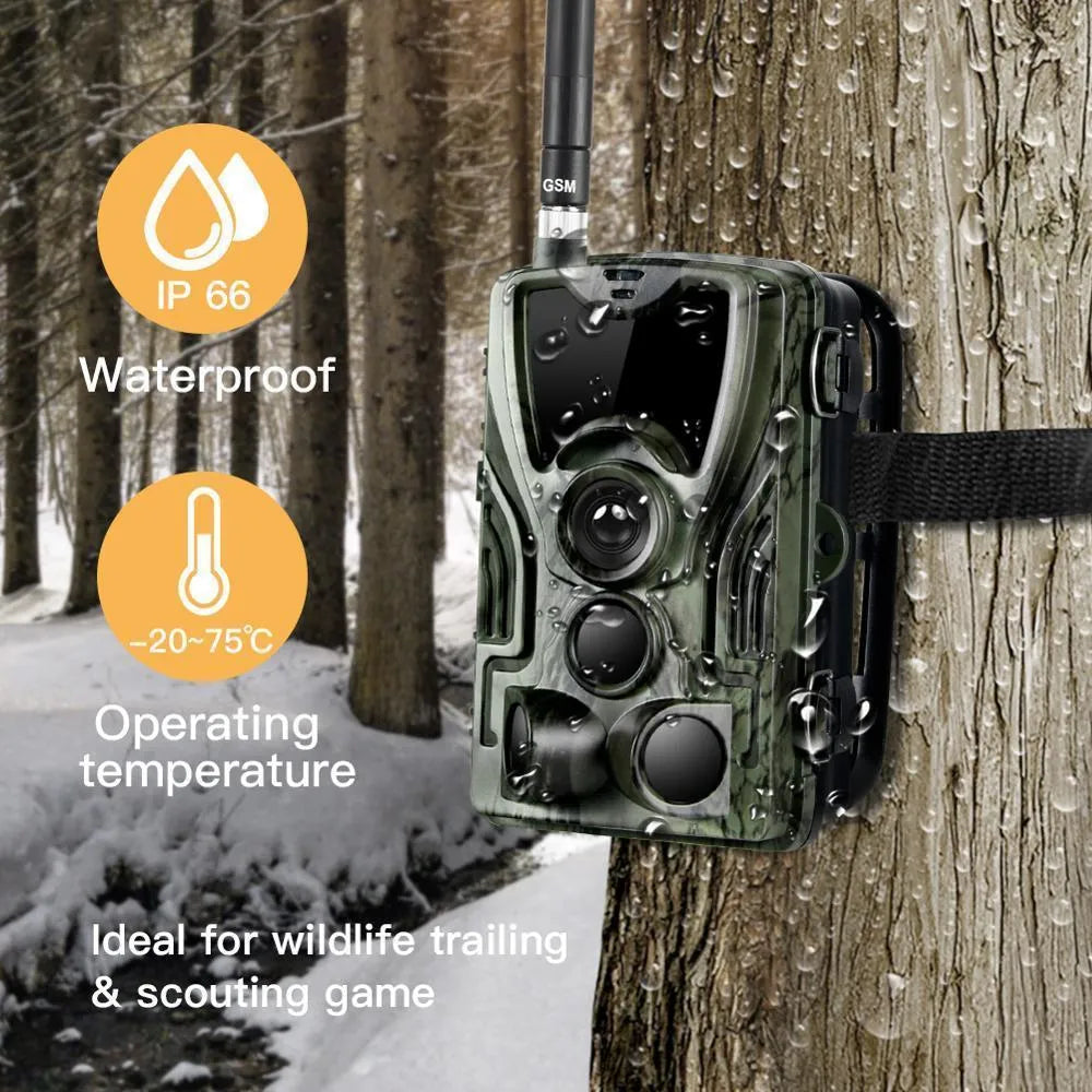 Green cellular trail camera for hunting deer with 16MP sensor and 65ft night vision capability