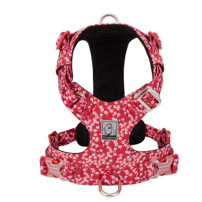Pure cotton pet chest harness with floral pattern and pull-resistant strap for dog walking