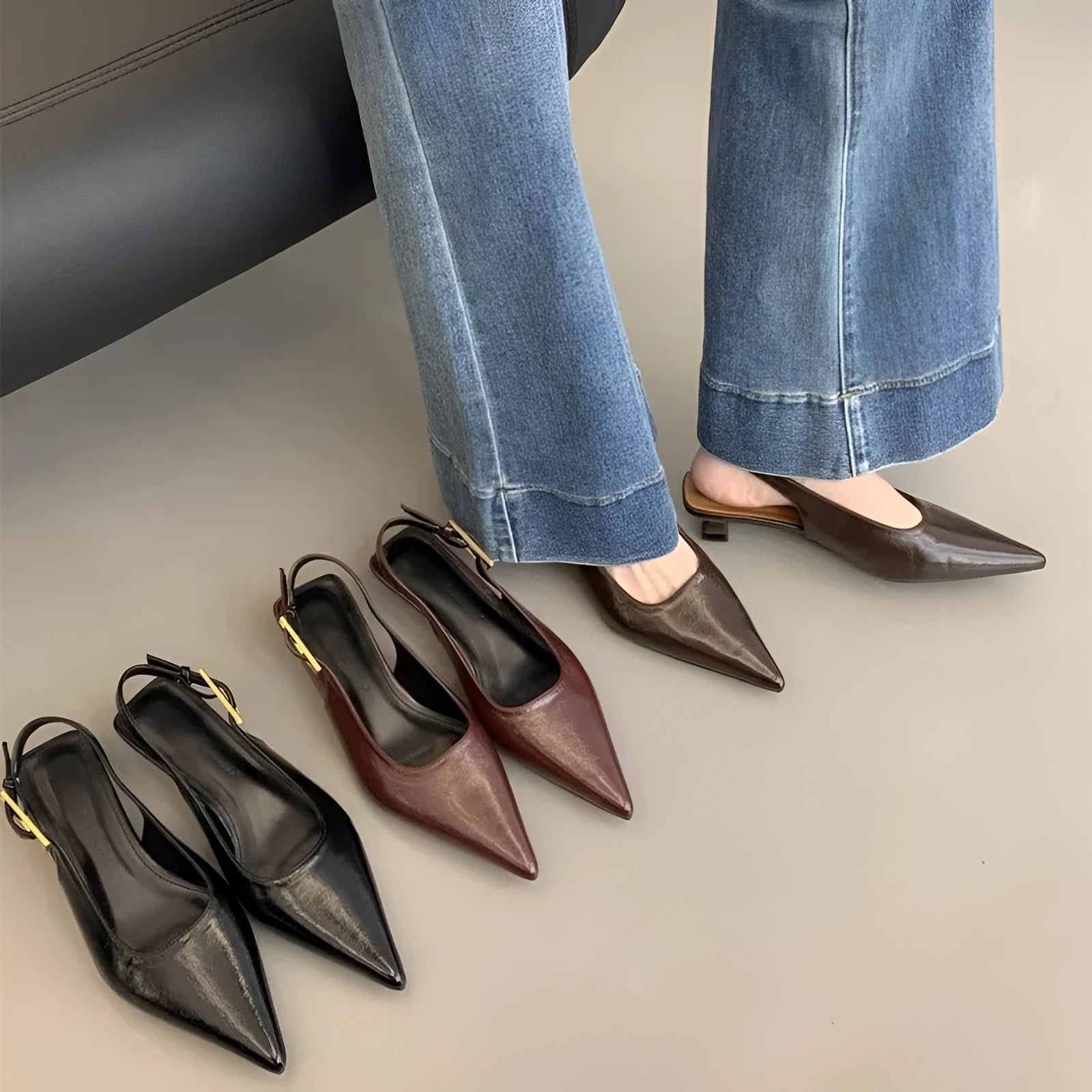 Thin low heel pointed leather shoes in black brown red silver sizes 35 to 39 with rubber sole