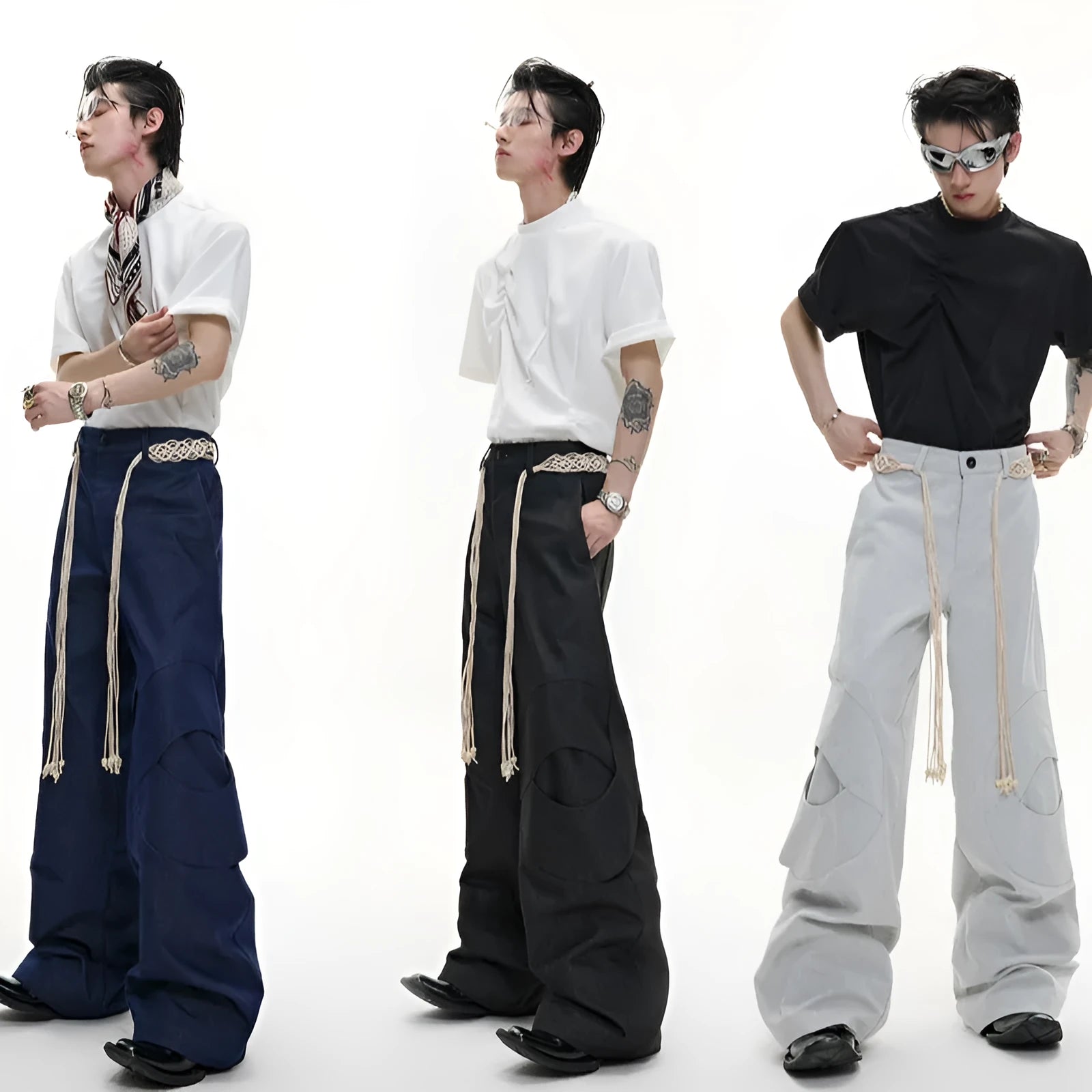 Cotton straight-leg men's trousers with heavy 3D stitching and micro-elastic construction in dark colours
