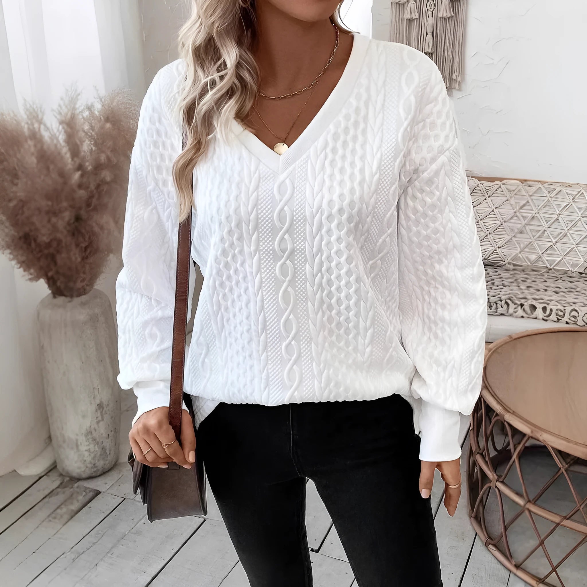 Loose fit long sleeve T-shirt in milky white with 3D pattern detail showing Japanese Korean casual styling