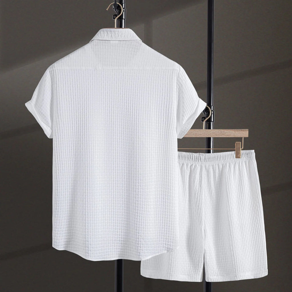 Men's white cotton blend beach shirt and shorts suit on hanger