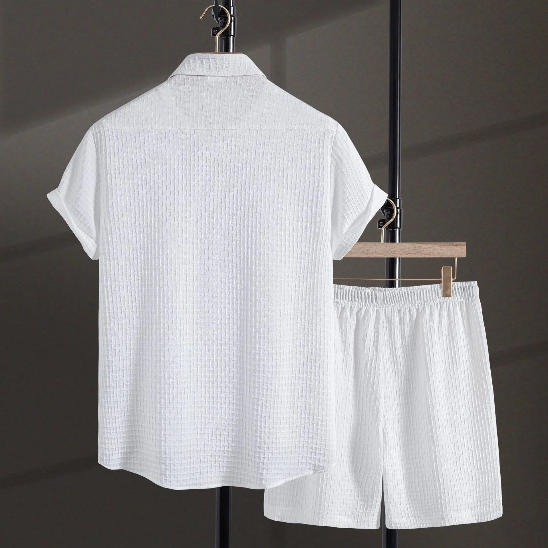 Men's white cotton blend beach shirt and shorts suit on hanger