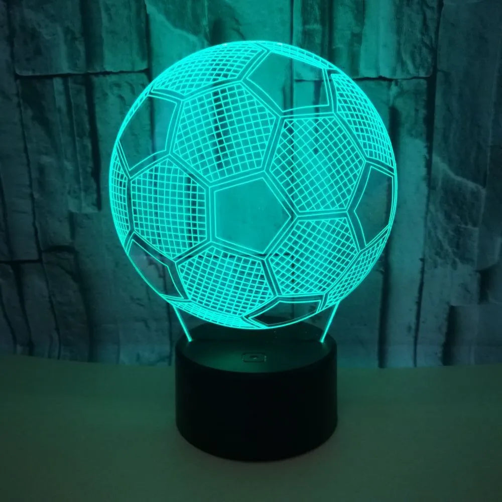 3D football night light showing seven colour options with touch controls and USB cable