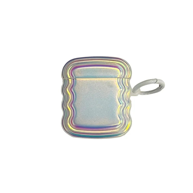Silicone AirPods case with holographic laser ring design on a white charging case.