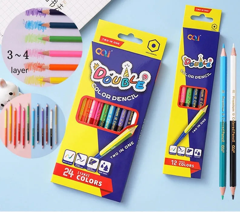Set of wooden coloured pencils showing double-head lead tips, available in 6 or 12 piece sets.