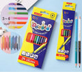 Set of wooden coloured pencils showing double-head lead tips, available in 6 or 12 piece sets.