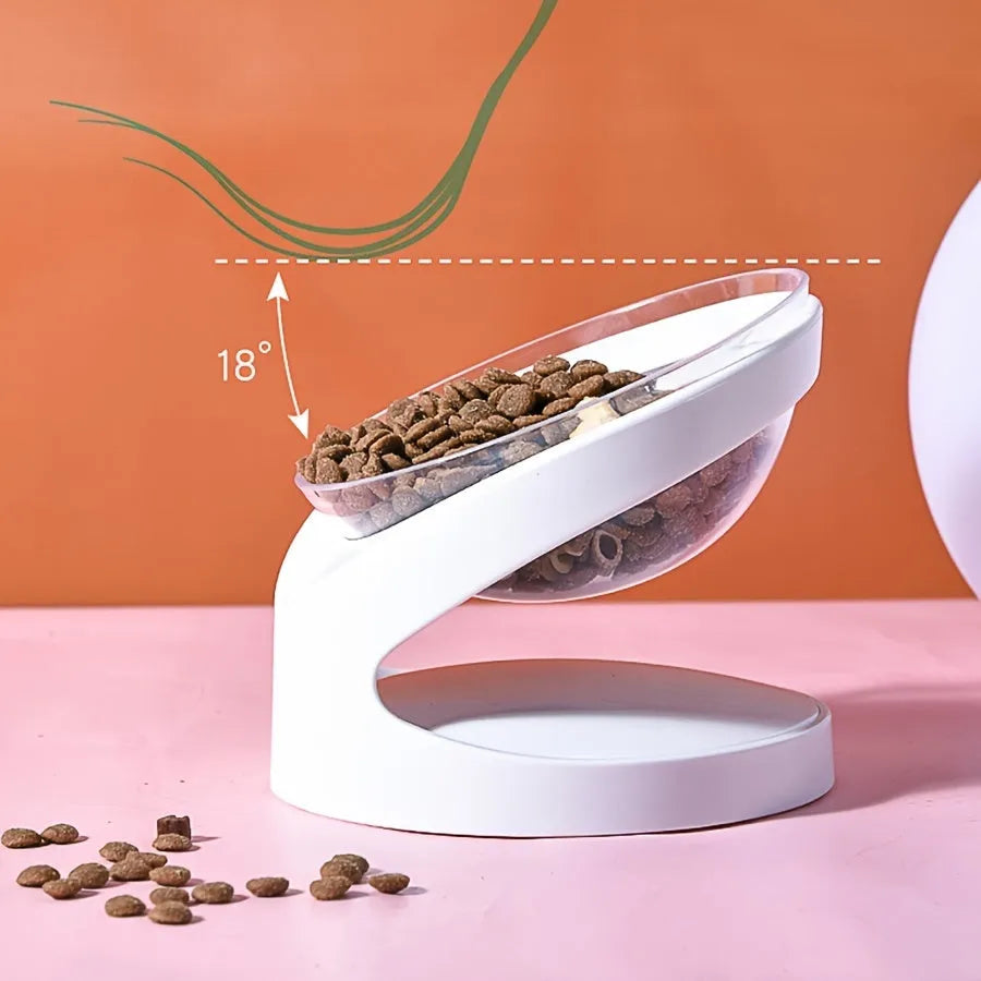 White clear plastic tilted cat food bowl for ergonomic feeding