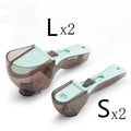 Orange and blue digital measuring spoons with magnetic snap showing nested storage on a fridge surface