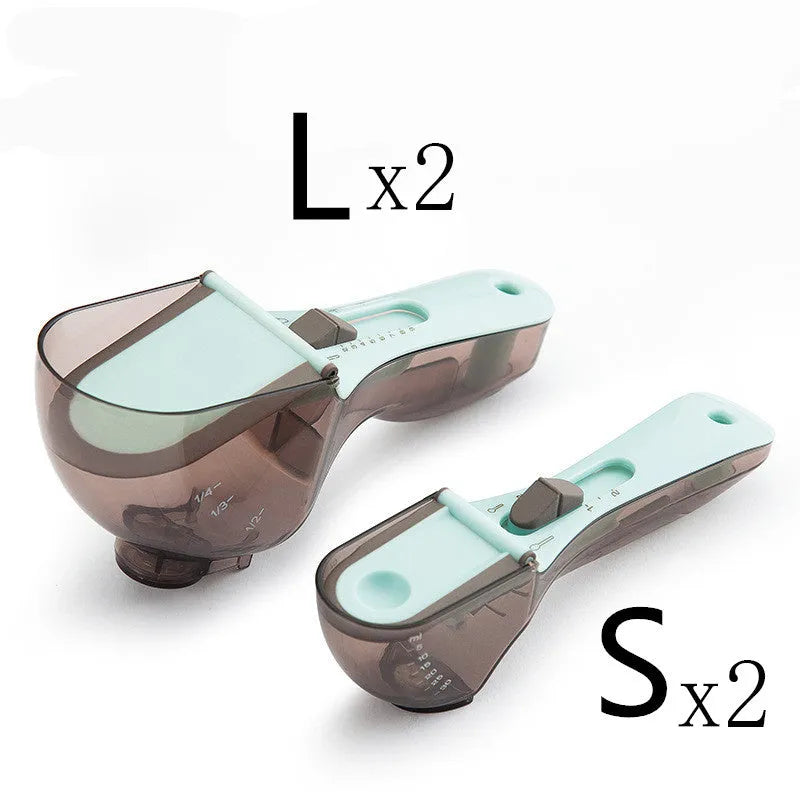 Orange and blue digital measuring spoons with magnetic snap showing nested storage on a fridge surface