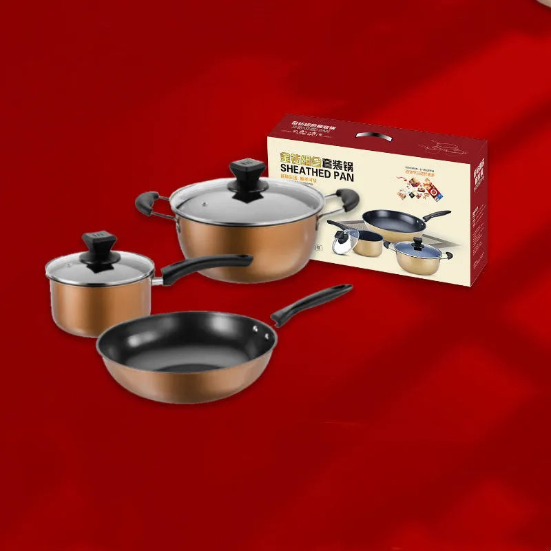 Three-piece cast iron non-stick cookware set with soup pot milk pot and wok in light luxury style