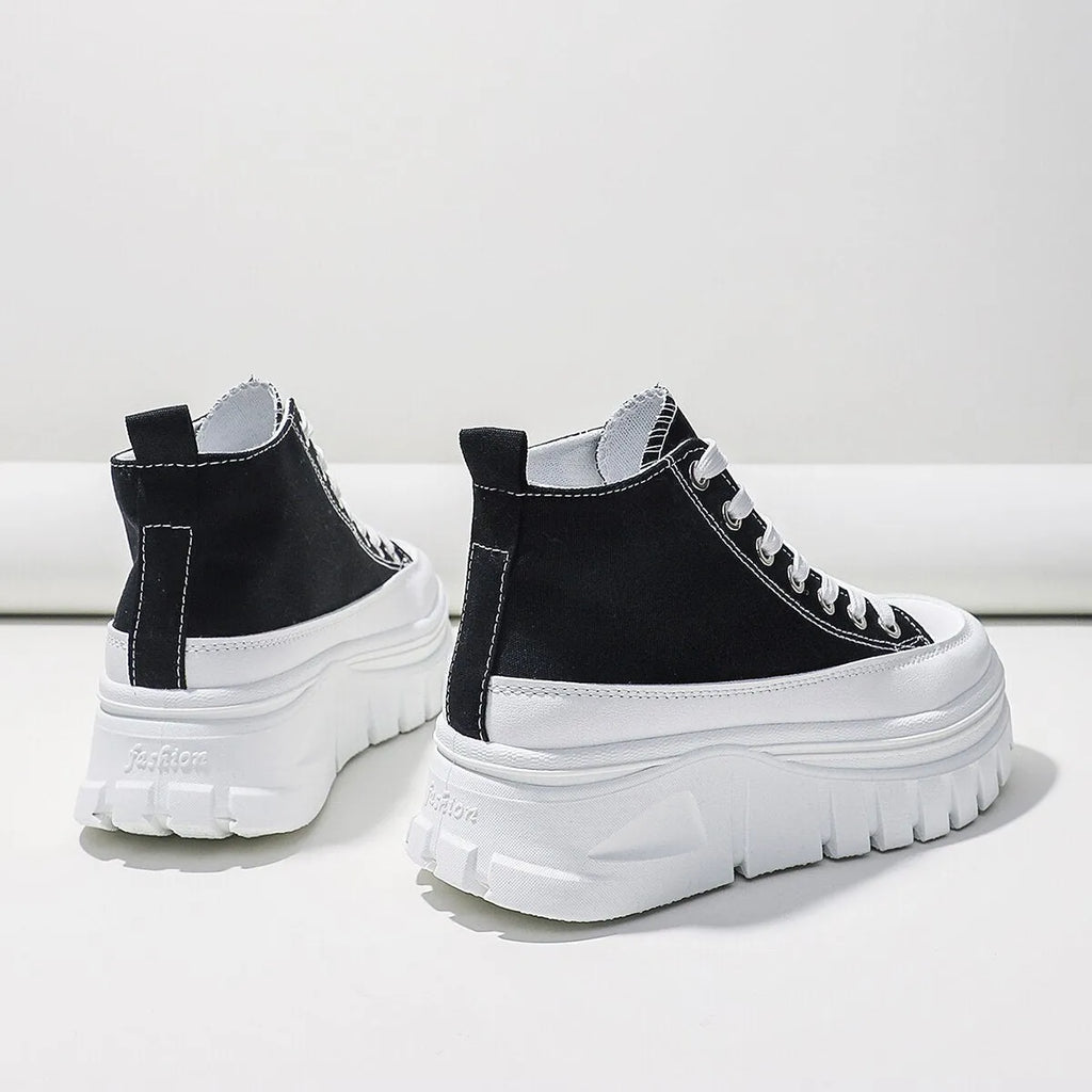 Women black lace-up high top flatform canvas shoes with height increasing insole and T-strap detail